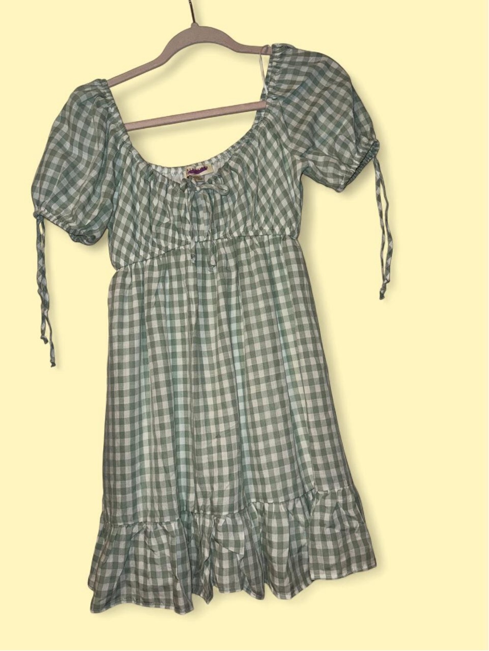 Green Gingham Puff-Sleeve Mini Dress